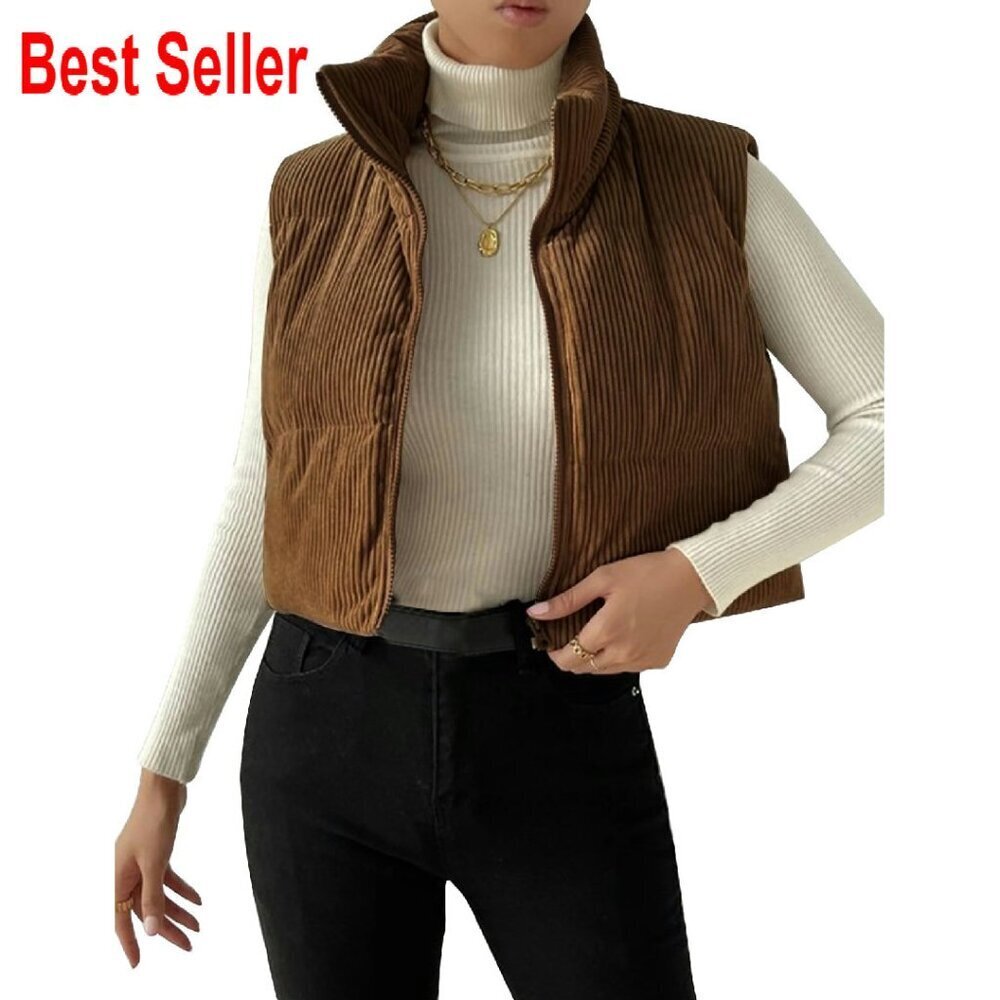 Cropped Corduroy Puffer Vest Zip Up Cozy Winter Chic Retro Y2K Style